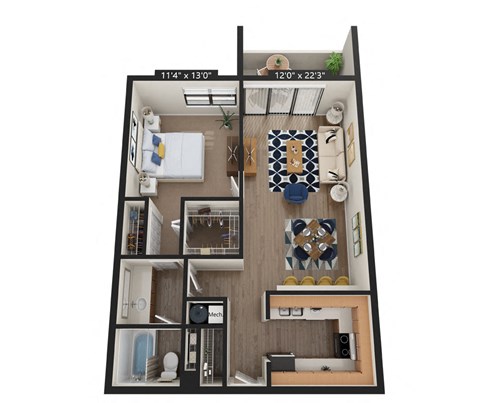 Floor plan for 1 bed, 1 bath, 750 sqft